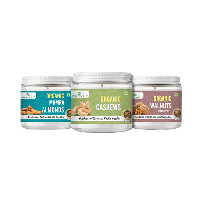 Renaush Combo Pack of Organic Mamra Almonds 250gm, Cashews 250gm & Walnuts 185gm