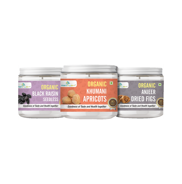 Renaush Combo Pack of Organic Black Raisin Seedless 250gm, Khumani Apricots 250gm & Anjeer Dried Figs 230gm