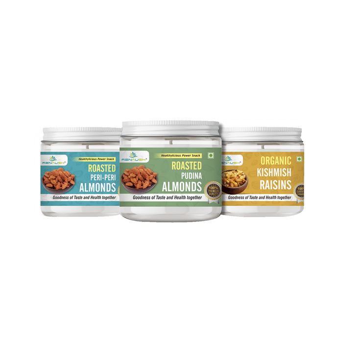 Renaush Combo Pack of Roasted Peri Peri Almonds, Pudina Almonds & Kishmish Raisins (250gm Each)