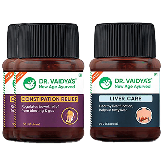 Dr. Vaidya's Combo Pack of 2 Bottles of Constipation Relief Tablet (30 Each) and 1 Bottle of Liver Care Capsule (30)