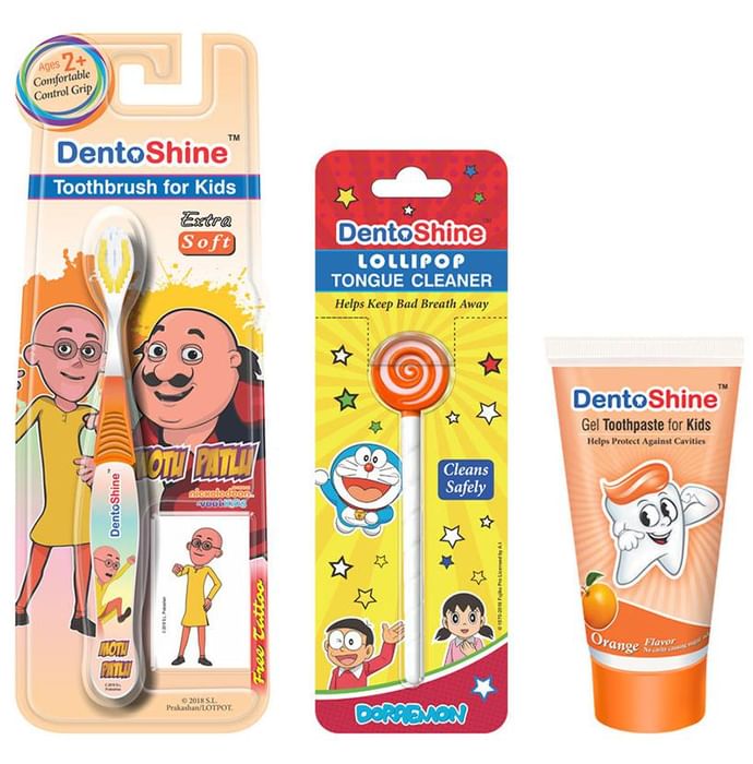 DentoShine Combo Pack of CC Grip Toothbrush for Kids, Lollipop Tongue Cleaner and Orange Flavoured Toothpaste 80gm