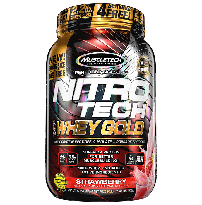 Muscletech Performance Series Nitro Tech 100% Whey Gold Whey Protein Peptides & Isolate Strawberry