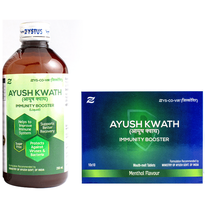 Zys-Co-Vir Combo Pack of Ayush Kwath Immunity Booster Liquid 200ml & Ayush Kwath Immunity Booster Mouth-Melt 100 Tablet Menthol
